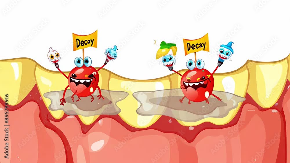 humorous cartoonish scene of a mouth with yellow teeth, red gums and microbes humorous cartoonish scene of a mouth with yellow teeth, red gums and microbes