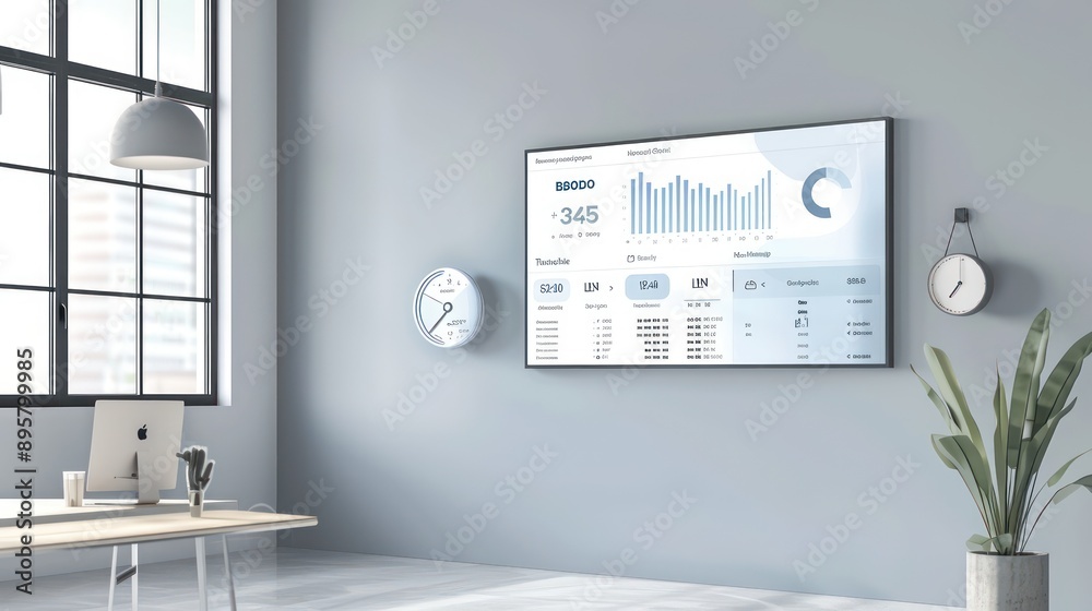 minimalist design of a budget tracking app on a large, wall-mounted smart screen, showing real-time financial updates in a modern, stylish office minimalist design of a budget tracking app on a large, wall-mounted smart screen, showing real-time financial updates in a modern, stylish office