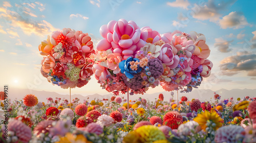 Fototapeta Naklejka Na Ścianę i Meble -  Surreal Floral Bouquet Balloons: Balloons shaped like oversized floral bouquets float through a garden of whimsical blooms against a sky of gradient pastels.


