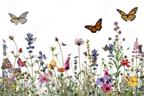 PNG Colorful butterflies in blooming meadow
