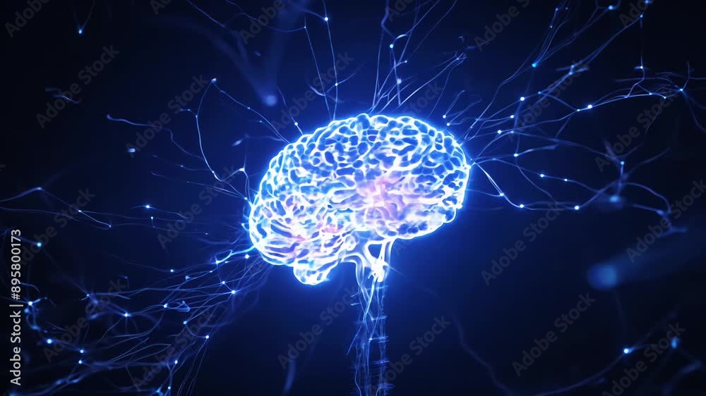 A brain with a blue glow surrounding it. Glowing Neural Brain Animation