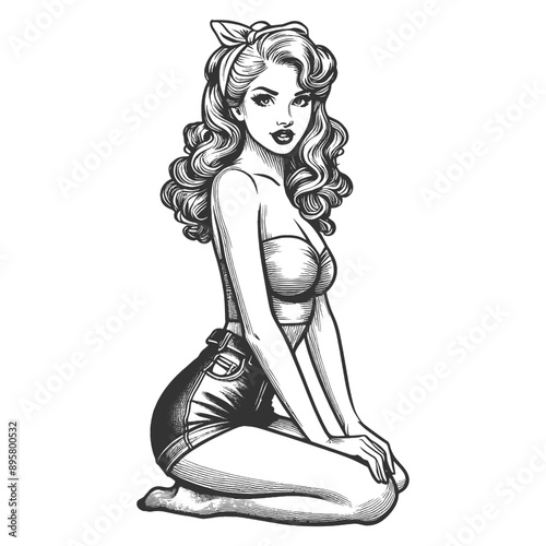 pin-up woman with curly hair, shorts and a strapless top, sitting in classic pose sketch engraving generative ai fictional character vector illustration. Scratch board imitation. Black and white image