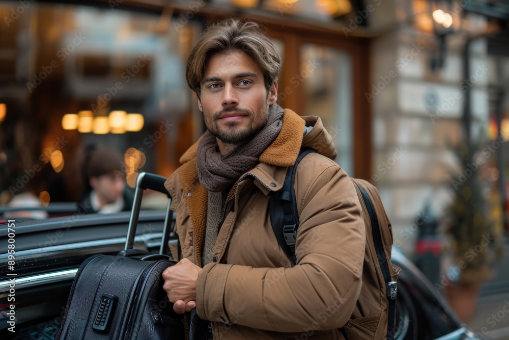 A man with a backpack and winter coat holds his luggage in an urban setting, indicating that he is ready for a season of travel and adventure during a cold season. A man with a backpack and winter coat holds his luggage in an urban setting, indicating that he is ready for a season of travel and adventure during a cold season.