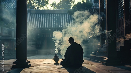 Solitary Monk in Temple Courtyard at Dawn Preparing Incense for Obon Ceremonies photo