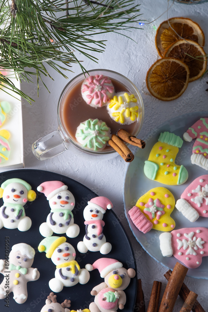Obraz premium Christmas marshmallows. Winter candy. Sweet food in December. Cocoa drink cup