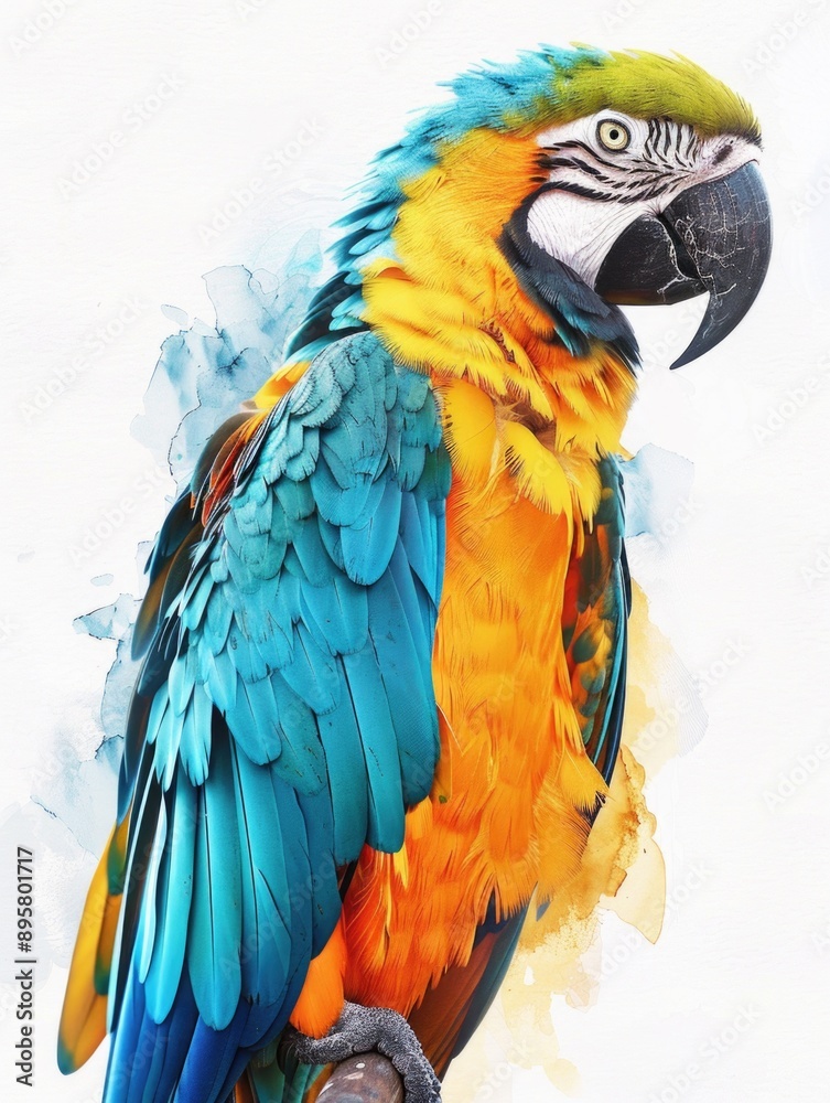 Fototapeta premium Colorful parrot sitting on a tree branch, looking down