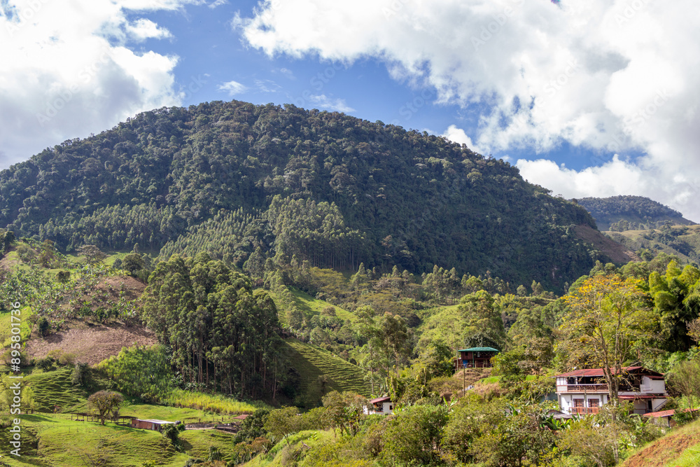 Fototapeta premium Beautiful landscape in the Andes Mountains. Jardin, Jardín, Antioquia. Blue sky, white clouds; farmhouses, green lush vegetation, crops and fields.