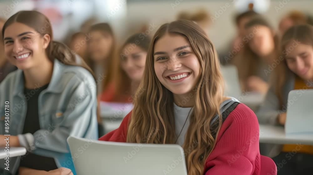 Happy high school girl using laptop in classroom Happy high school girl using laptop in classroom