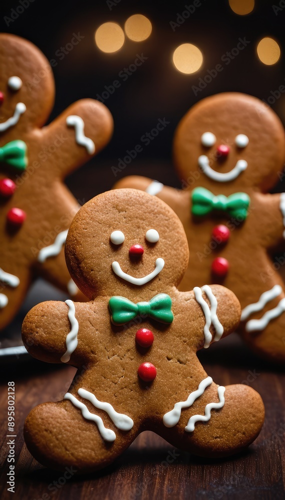A smiling gingerbread man cookie with icing and candy decorations is showcased on a wooden table, with soft background lighting, cookies, and a glowing candle A smiling gingerbread man cookie with icing and candy decorations is showcased on a wooden table, with soft background lighting, cookies, and a glowing candle