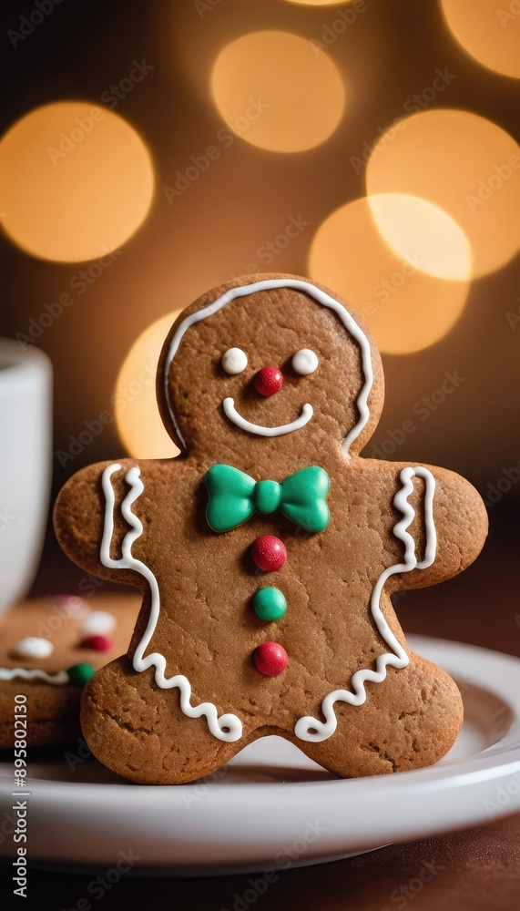A smiling gingerbread man cookie with icing and candy decorations is showcased on a wooden table, with soft background lighting, cookies, and a glowing candle A smiling gingerbread man cookie with icing and candy decorations is showcased on a wooden table, with soft background lighting, cookies, and a glowing candle