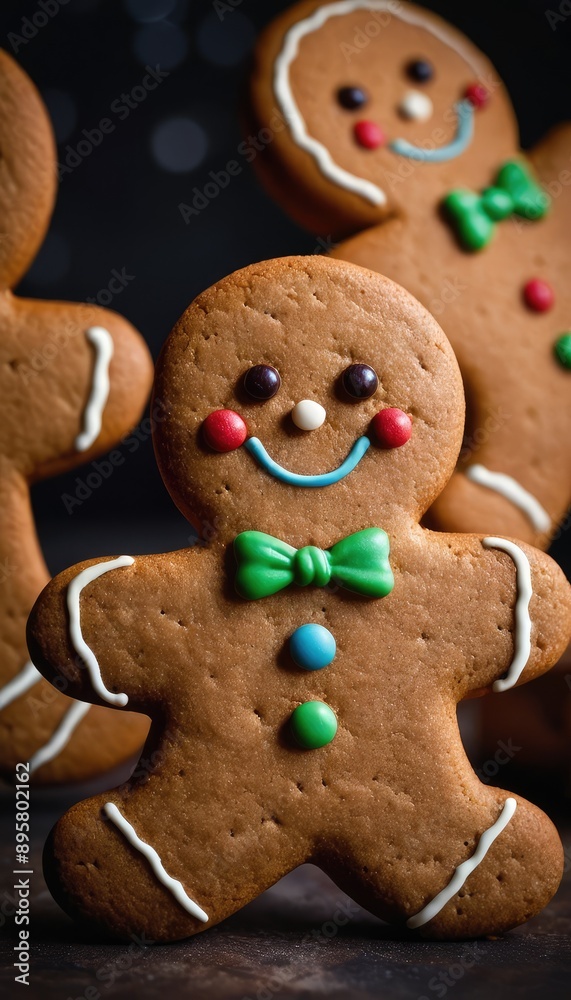 A smiling gingerbread man cookie with icing and candy decorations is showcased on a wooden table, with soft background lighting, cookies, and a glowing candle A smiling gingerbread man cookie with icing and candy decorations is showcased on a wooden table, with soft background lighting, cookies, and a glowing candle
