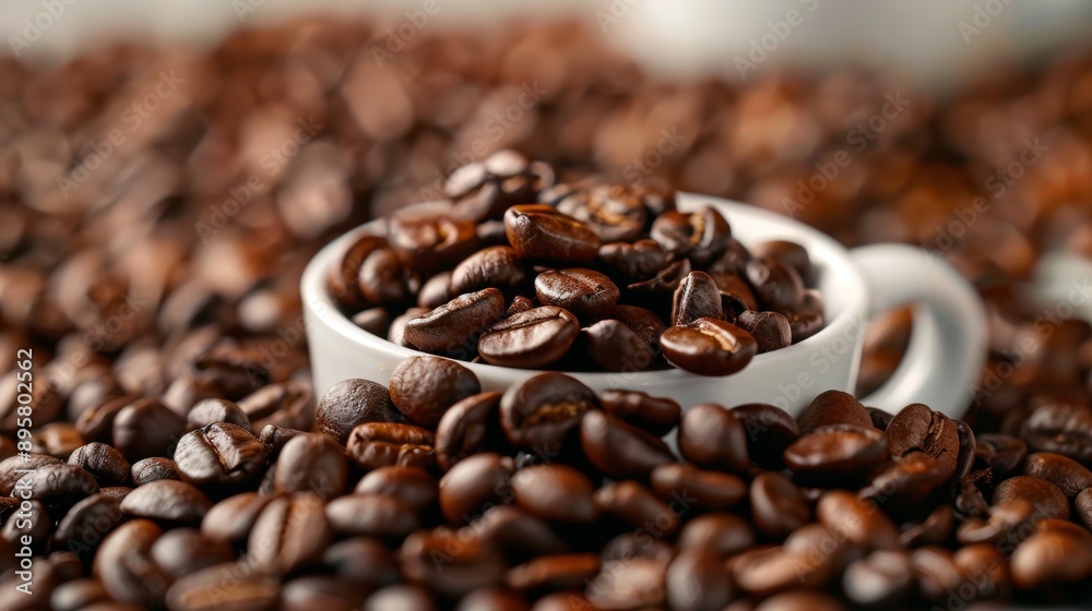 Coffee beans in a cup surrounded by a pile of beans Coffee beans in a cup surrounded by a pile of beans