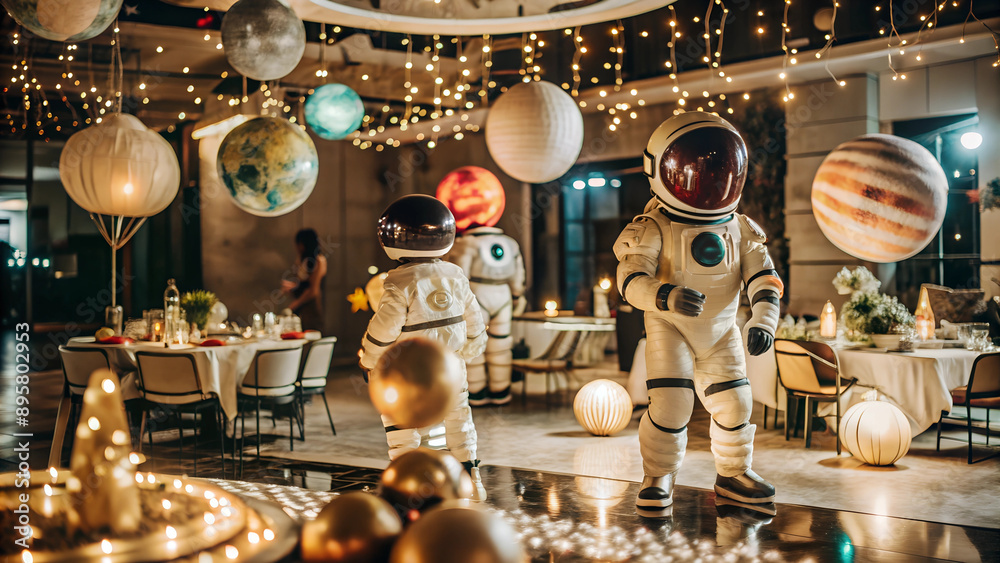 Astronaut-Themed Party with Hanging Planets and String Lights Astronaut-Themed Party with Hanging Planets and String Lights