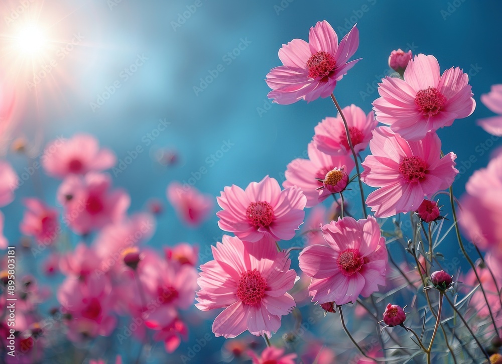 Obraz premium Pink Cosmos Flowers in a Sunny Meadow