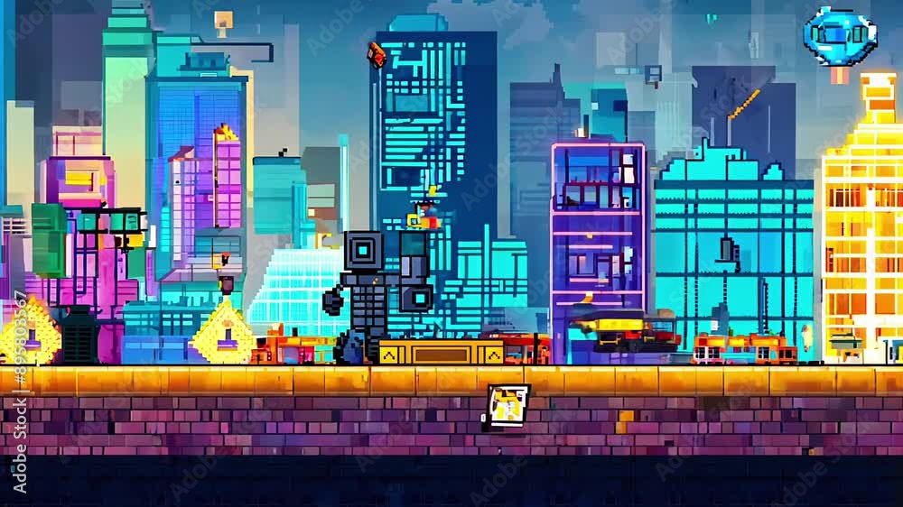 pixel art scene featuring a robot walking through a bustling city. cityscape with neon lights and buildings