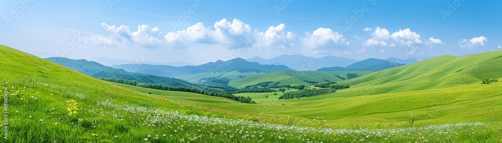 Rolling green hills with wildflowers, blue skies, and distant mountains, Rolling green hills scenery, countryside tranquility Rolling green hills with wildflowers, blue skies, and distant mountains, Rolling green hills scenery, countryside tranquility
