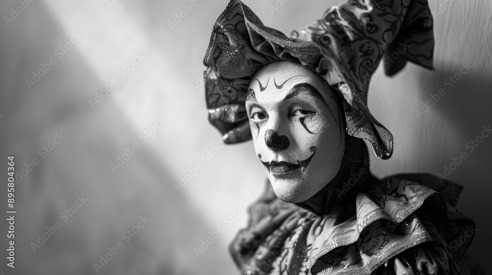 Obraz premium Harlequin Puppet Handcrafted in Del Arte Style on White Background with Spotlight Shadow Selective Focus in Black and White