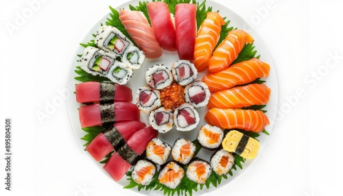 A plate of assorted sushi rolls with tuna, salmon and yellowtail on an isolated white background,