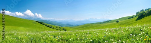 Rolling green hills with wildflowers, blue skies, and distant mountains, Rolling green hills scenery, countryside tranquility