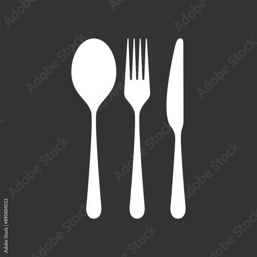 Spoon, fork and knife graphic icon. Cutlery sign  isolated  on black background. Vector illustration