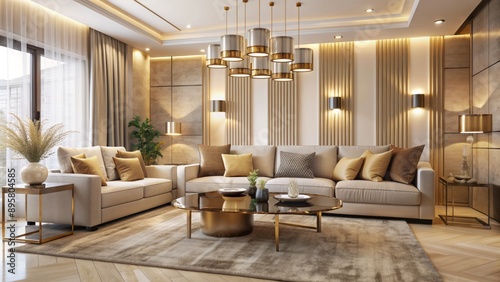 Sleek, modern living room with beige sofa, glass coffee table, and cream-colored walls, accentuated by warm, golden lighting fixtures.