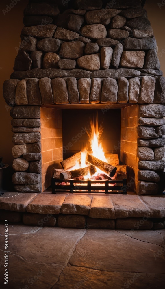 A stone fireplace with a crackling fire, casting a warm glow across the room, complemented by a stack of logs and a large copper pot for a homely feel A stone fireplace with a crackling fire, casting a warm glow across the room, complemented by a stack of logs and a large copper pot for a homely feel