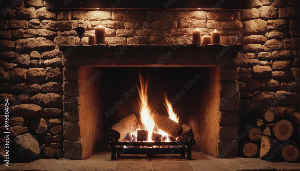A stone fireplace with a crackling fire, casting a warm glow across the room, complemented by a stack of logs and a large copper pot for a homely feel A stone fireplace with a crackling fire, casting a warm glow across the room, complemented by a stack of logs and a large copper pot for a homely feel
