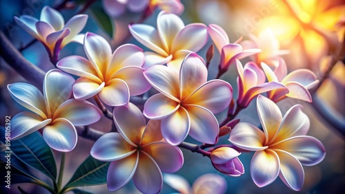 Exquisite generative AI illustration of delicate, fragrant plumeria blossoms in soft white and rich purple hues against a pristine background.