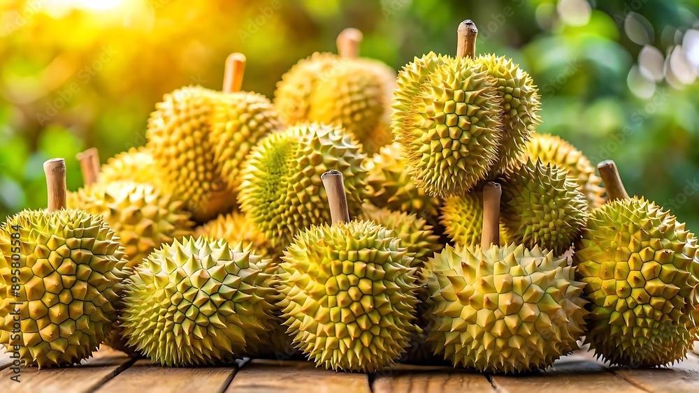 A pile of durians lay on the table A pile of durians lay on the table