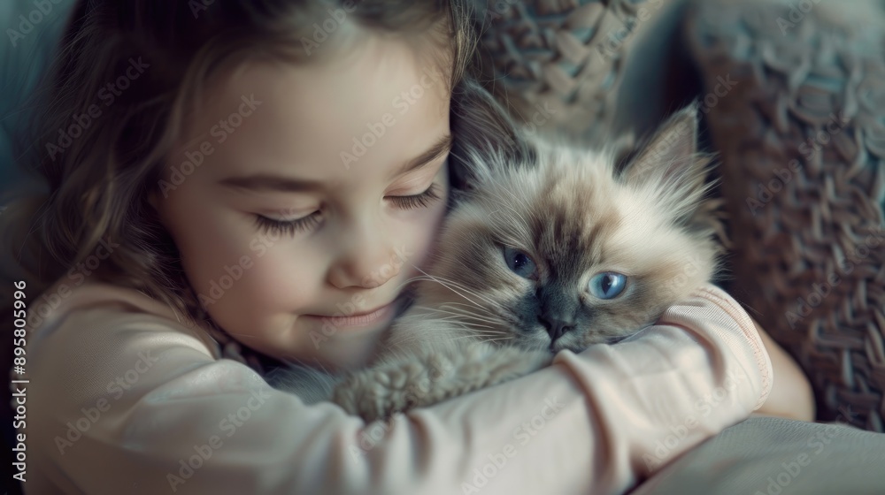 Young girl holding a ragdoll kitten and affectionately embracing it Beautiful child with her domestic feline companion at home Young girl holding a ragdoll kitten and affectionately embracing it Beautiful child with her domestic feline companion at home