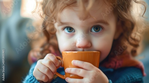 Close up of a young child sipping from a cup photo