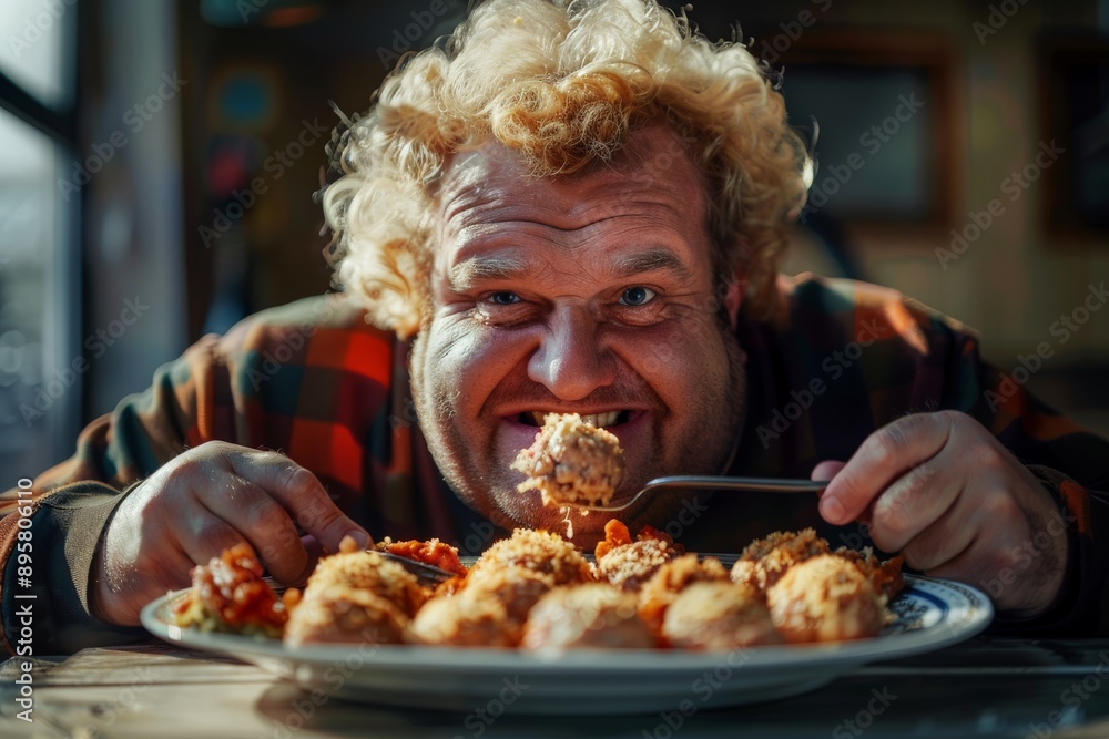An enthusiastic man with blonde curly hair is joyfully eating a large meal in a diner, enjoying his food with a smile in a cozy, well-lit atmosphere indicative of a casual eatery. An enthusiastic man with blonde curly hair is joyfully eating a large meal in a diner, enjoying his food with a smile in a cozy, well-lit atmosphere indicative of a casual eatery.