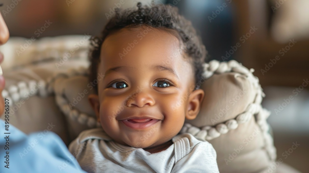Cropped photo of adorable African American baby boy with chubby cheeks reclining on a sofa and making eye contact with the camera as his mother dresses him Cropped photo of adorable African American baby boy with chubby cheeks reclining on a sofa and making eye contact with the camera as his mother dresses him