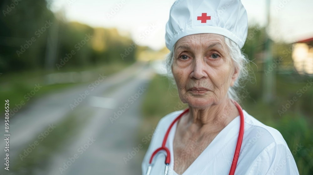 Elderly female in nurse costume for Halloween Elderly female in nurse costume for Halloween