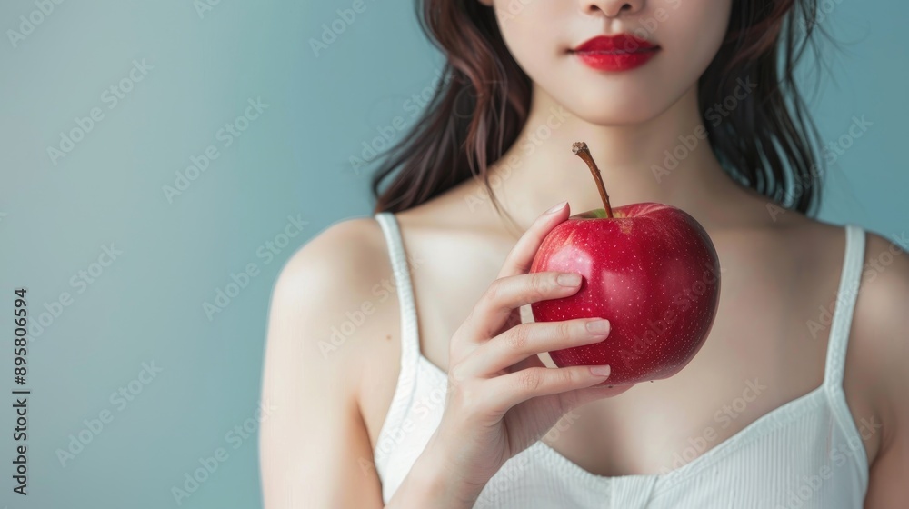 Asian woman with a slim body opting for nutritious foods dieting by selecting a red apple Promoting good dietary choices for weight loss maintaining balance reducing fat intake and following Asian woman with a slim body opting for nutritious foods dieting by selecting a red apple Promoting good dietary choices for weight loss maintaining balance reducing fat intake and following