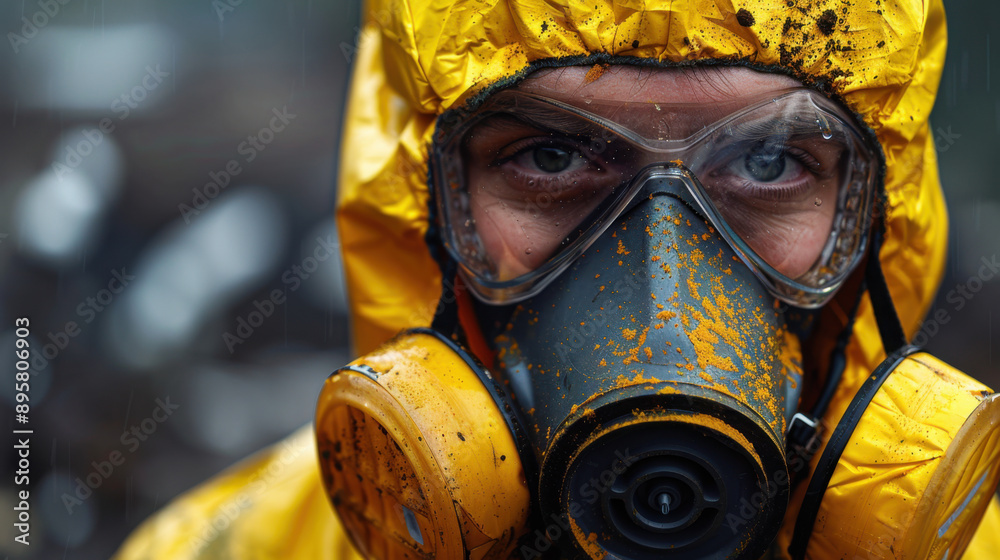 Close-up of a hazmat worker wearing full protective gear, including a mask, in a contaminated industrial environment. Close-up of a hazmat worker wearing full protective gear, including a mask, in a contaminated industrial environment.