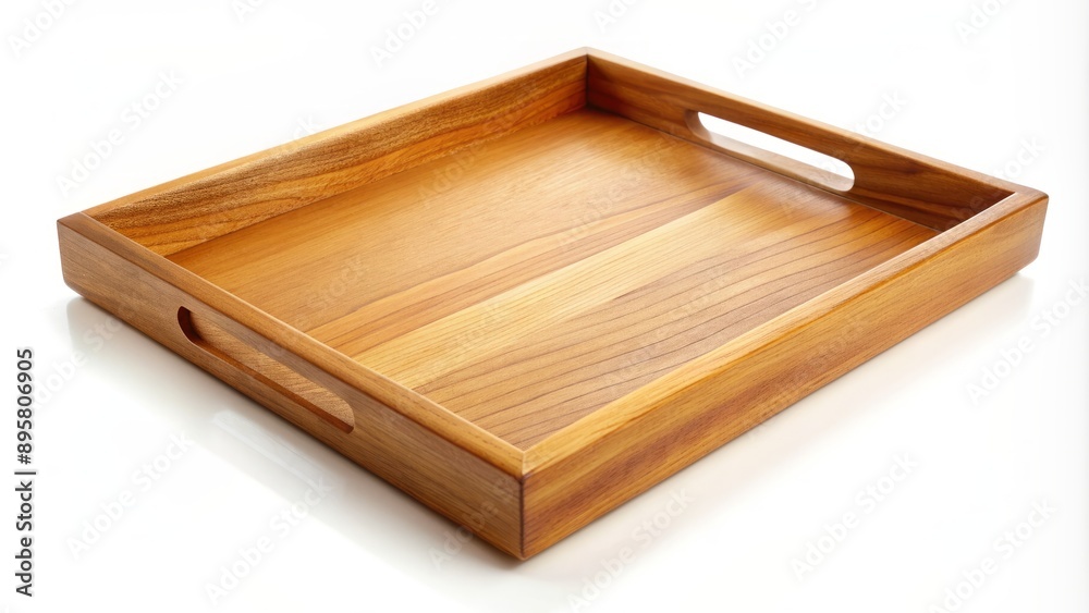 Naturally polished wooden serving tray with raised edges, empty and isolated on a pure white background, perfect for products display. Naturally polished wooden serving tray with raised edges, empty and isolated on a pure white background, perfect for products display.