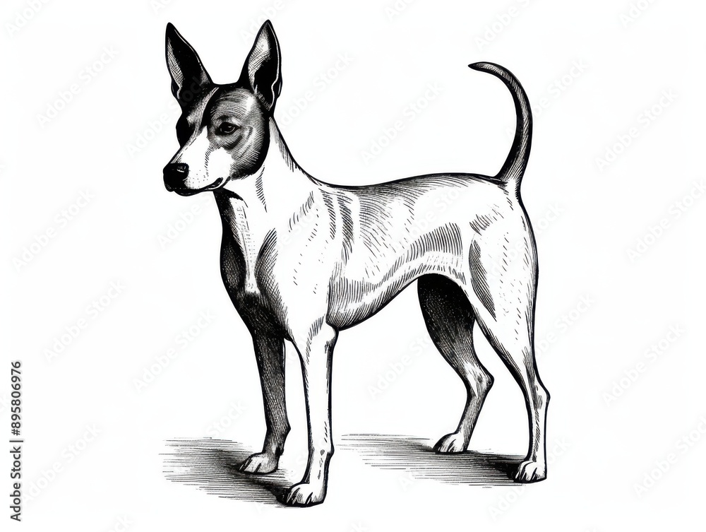 Obraz premium Black and white Vintage engraved art of a Basenji isolated on white background, ink sketch illustration, simple vector art design, highly detailed line art, high contrasty 