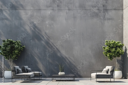 This image depicts a contemporary outdoor seating arrangement in an urban patio, featuring metal furniture with cushions and two small trees, creating a comfortable and stylish environment. photo