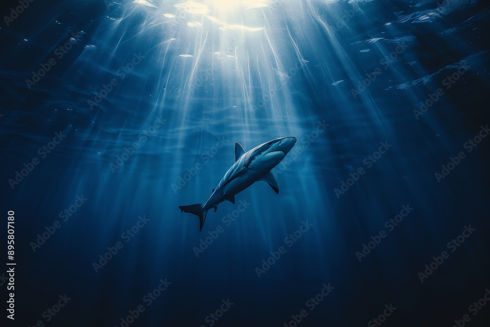 Obraz premium A lone shark glides calmly in the deep blue ocean, illuminated by serene sunlight from above, symbolizing the tranquility and enigmatic lifestyle of marine predators.