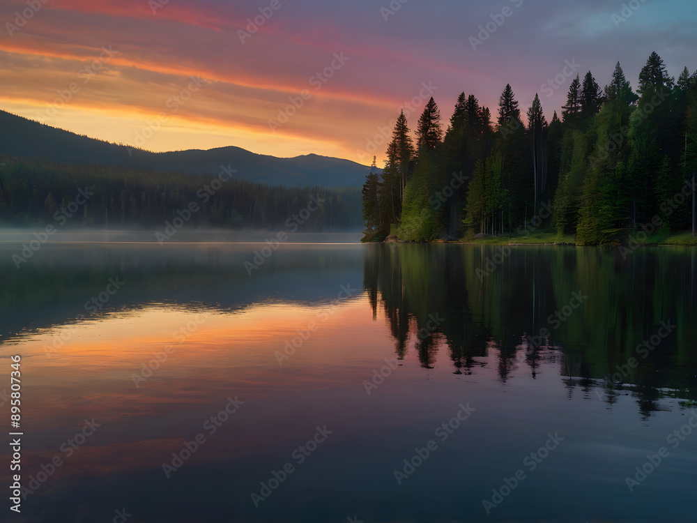 a lake with a mountain and trees in the background and a sunset in the background