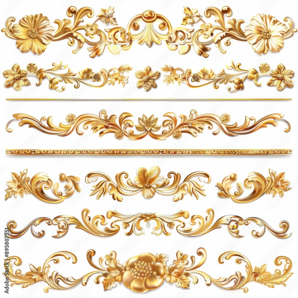 Fototapeta premium Trim Collection: Golden Border and Ornament Decoration on White Background