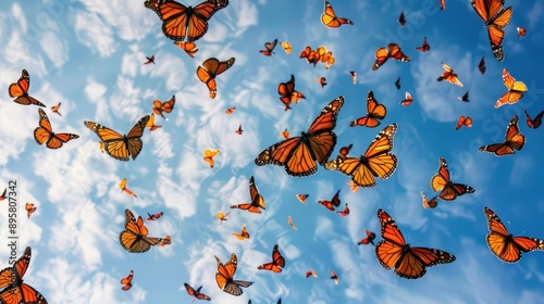 Mesmerizing Photo of Migrating Monarch Butterflies in Flight Against a Clear Blue Sky