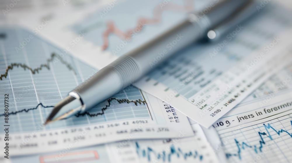 minimalist, high-resolution image of a silver pen on a set of fresh, detailed stock market reports, emphasizing clarity and precision minimalist, high-resolution image of a silver pen on a set of fresh, detailed stock market reports, emphasizing clarity and precision