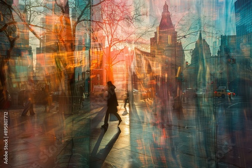 A photograph of a person walking through a bustling city street, yet appearing transparent and ghost-like.