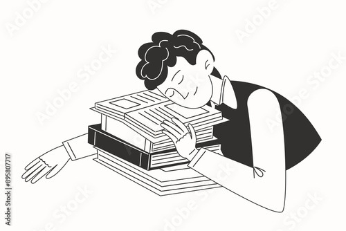 A schoolboy fell asleep on top of a pile of books in black and white illustration