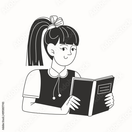 A schoolgirl fell asleep at the laptop while doing her homework in black and white illustration