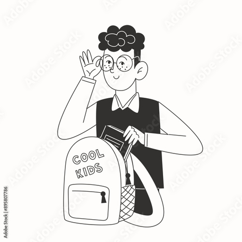 A schoolboy in a school uniform packs a backpack to school in black and white illustration