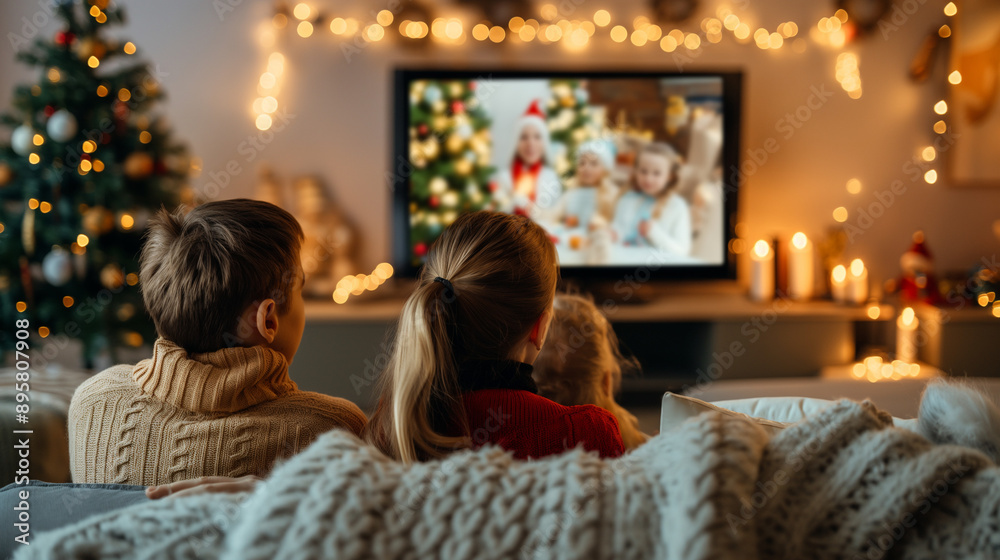 Family watching holiday movie together in cozy Christmas living room Family watching holiday movie together in cozy Christmas living room