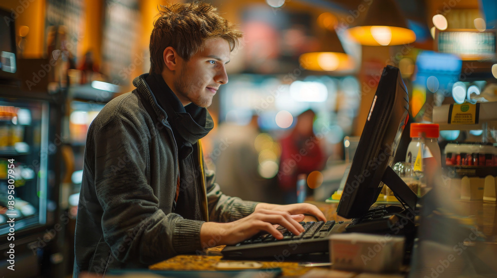 Focused young man working on computer in cozy cafe environment, highlighting modern remote work and digital lifestyle. Focused young man working on computer in cozy cafe environment, highlighting modern remote work and digital lifestyle.